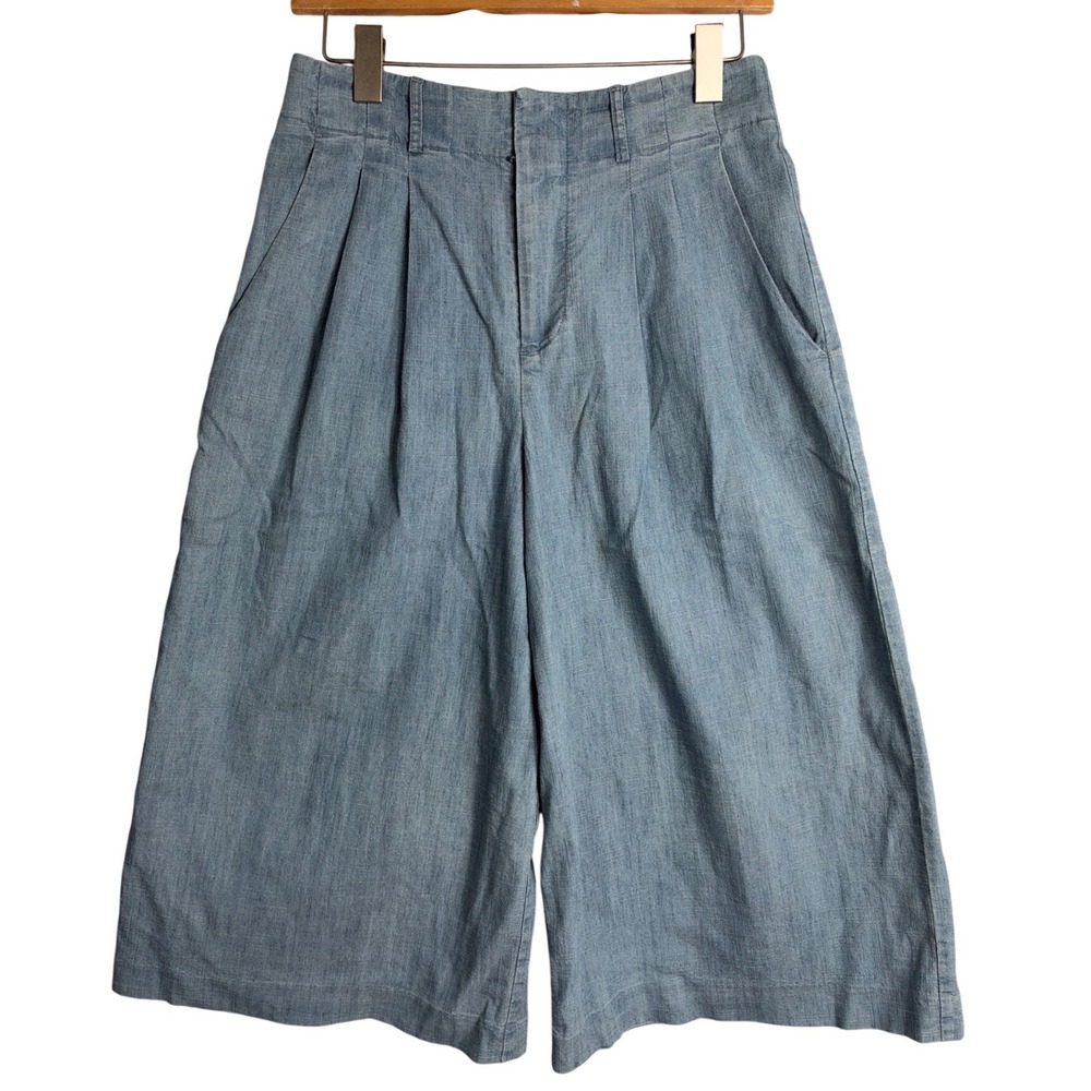 Alice + Olivia Blue Chambray Pleated Wide Leg Culottes slouchy Bermuda y2k boho